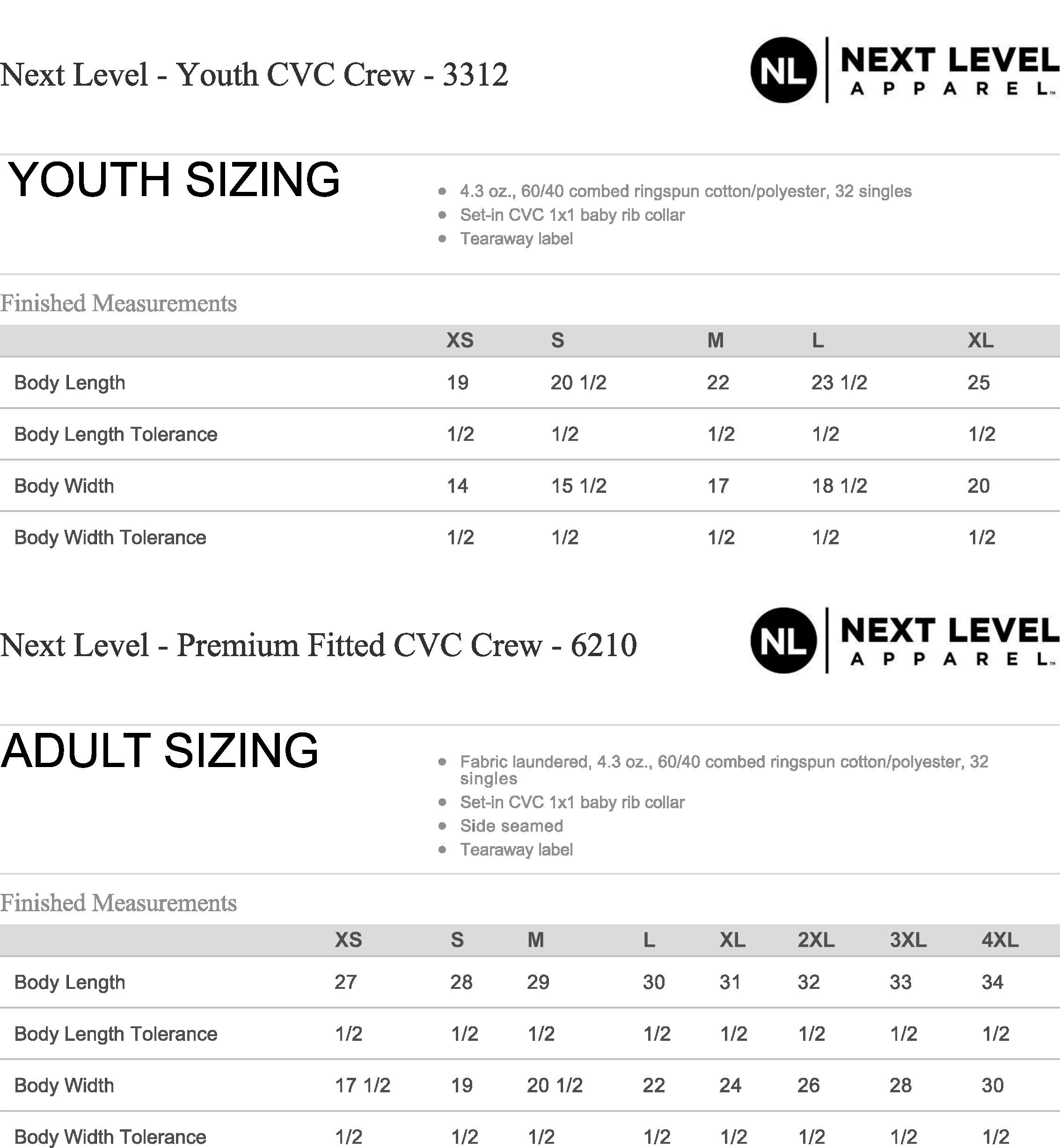 Next Level Youth Size Chart
