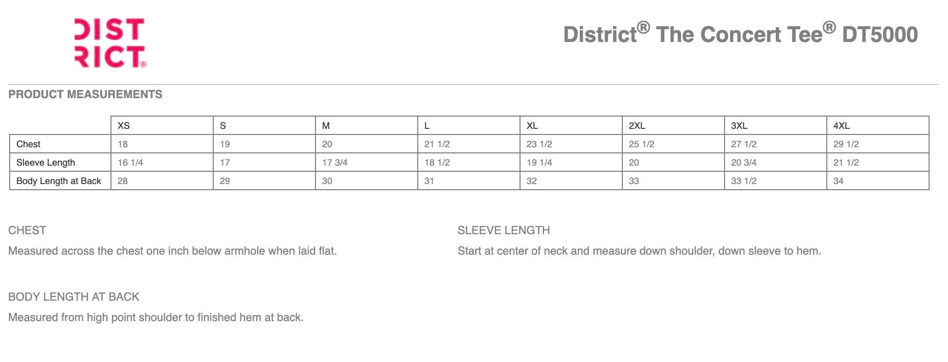 District Very Important Tee Size Chart