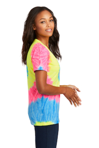 Left view of Port & Company Ladies Tie-Dye V-Neck Tee