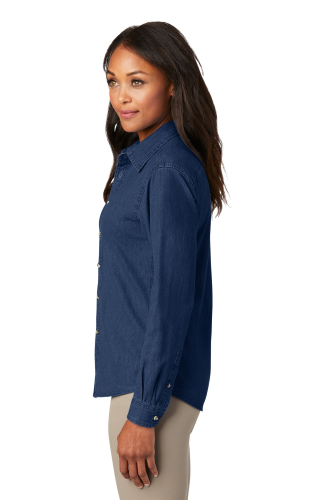 Left view of Port & Company Ladies Long Sleeve Value Denim Shirt