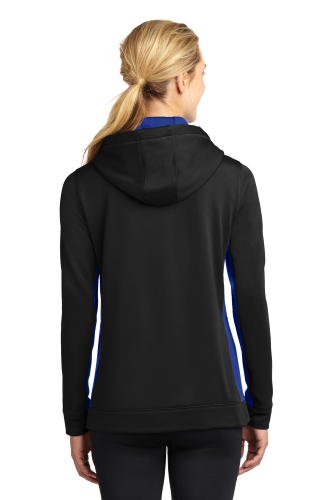Back view of Sport-Tek Ladies Sport-Wick Fleece Colorblock Hooded Pullover