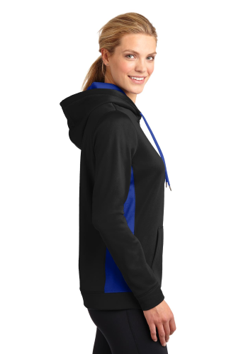 Left view of Sport-Tek Ladies Sport-Wick Fleece Colorblock Hooded Pullover