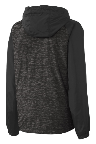 Back view of Sport-Tek Ladies Heather Colorblock Raglan Hooded Wind Jacket