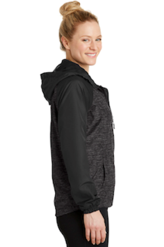 Left view of Sport-Tek Ladies Heather Colorblock Raglan Hooded Wind Jacket