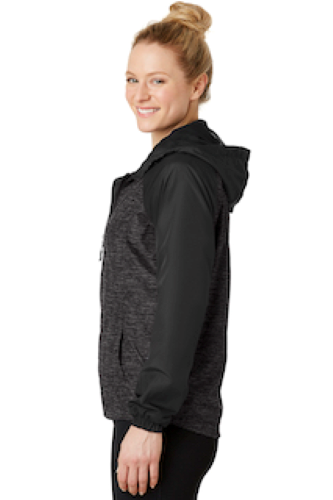 Right view of Sport-Tek Ladies Heather Colorblock Raglan Hooded Wind Jacket