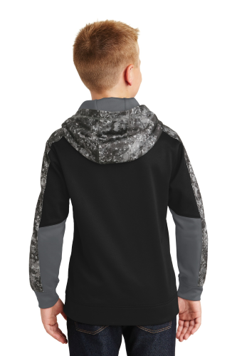 Back view of Sport-Tek Youth Sport-Wick Mineral Freeze Fleece Colorblock Hooded Pullover