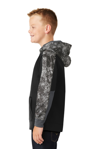 Left view of Sport-Tek Youth Sport-Wick Mineral Freeze Fleece Colorblock Hooded Pullover